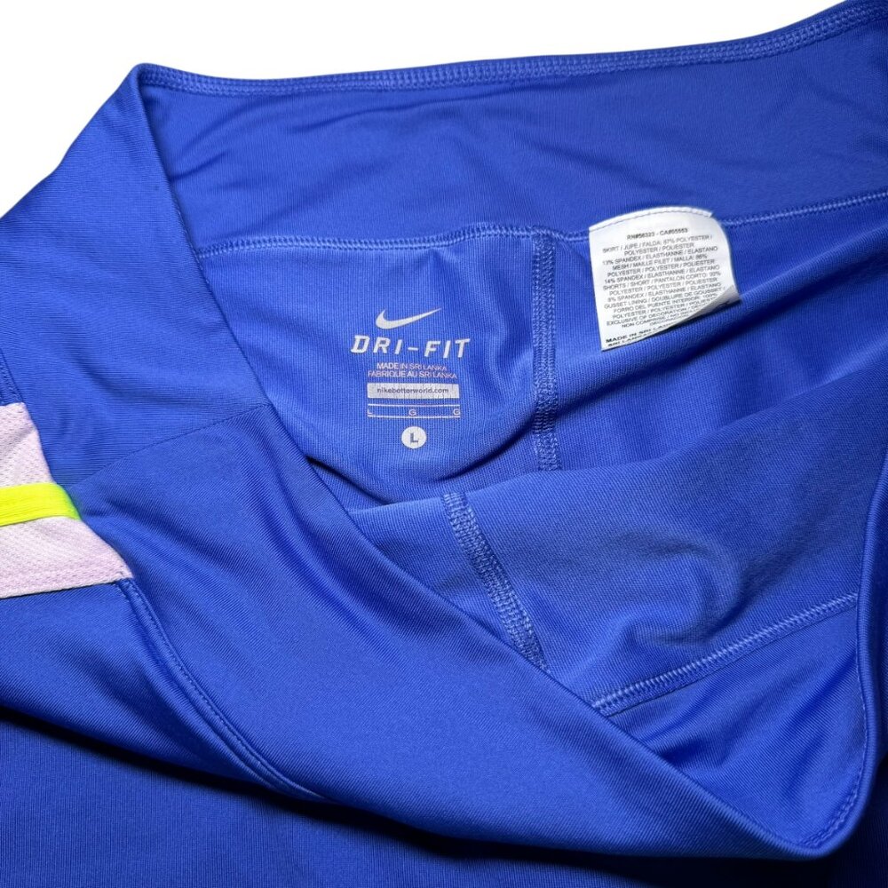 Nike Dri-Fit Tennis Skirt Skort Royal Blue Neon Volt Yellow Mesh Trim Size L - Picture 6 of 9